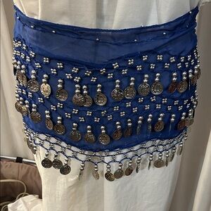 Royal Blue Belly Dancer Hip Scarf with silver coins and beads